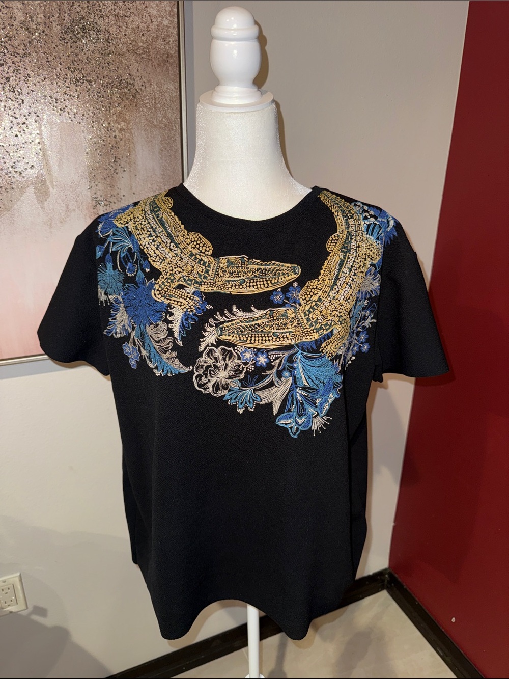 Zara Black Tee with Gold & Blue Crocodile Embroidery